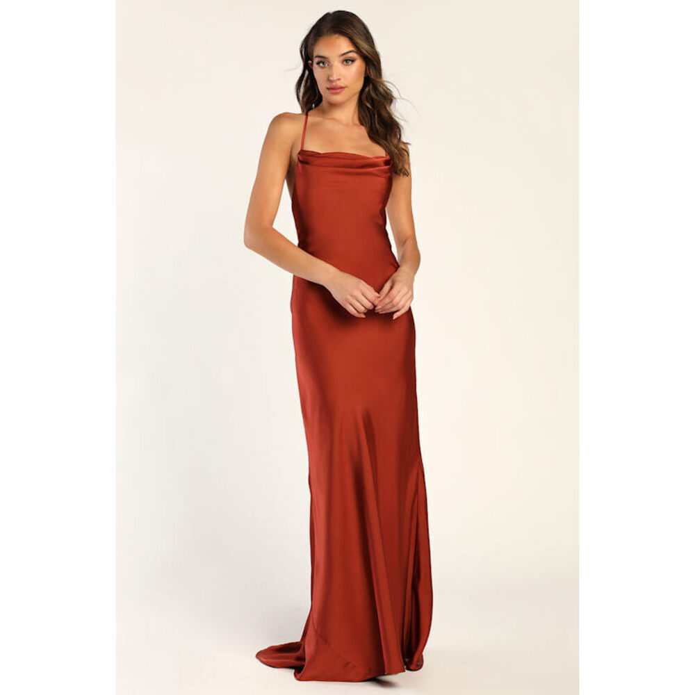 Lulus Connected At Heart Rust Brown Satin Cowl Neck Lace-up Maxi Dress - Size 4